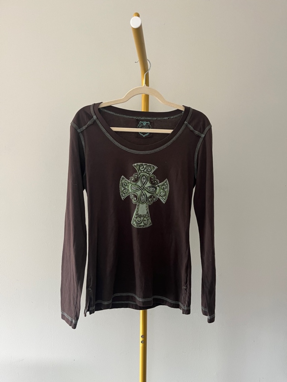 Pink Cattlelac Brown Studded Embellished Cross Knit Long Sleeve Top Size M
